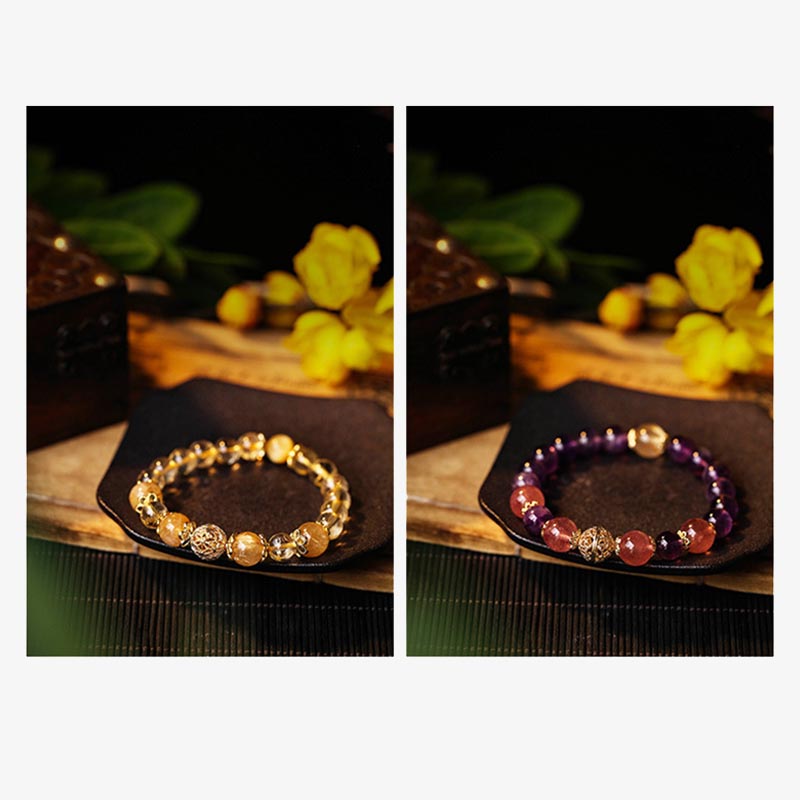 Pulsera de protección de prosperidad de cuarzo rutilado con amatista citrino natural de Buddha Stones