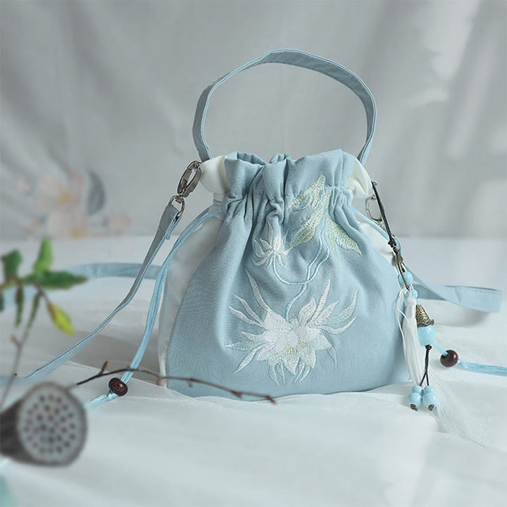 Bolso de hombro de lona con flores bordadas hechas a mano con Buddha Stones - Loto azul y blanco 20*20cm - image 44