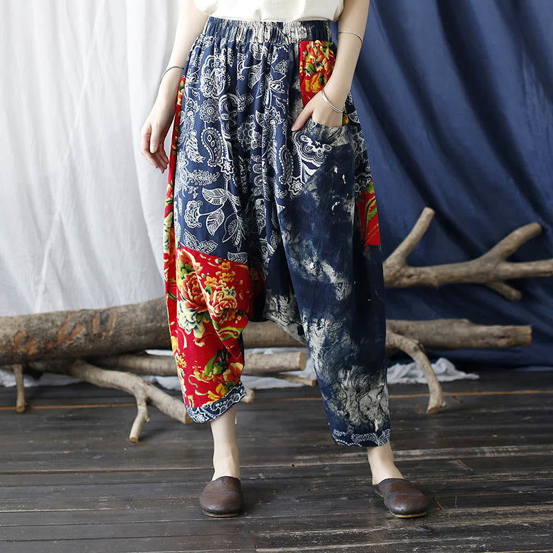 Pantalones bombachos de lino y algodón con retazos de flores de peonía azul y rojo con Buddha Stones y bolsillos