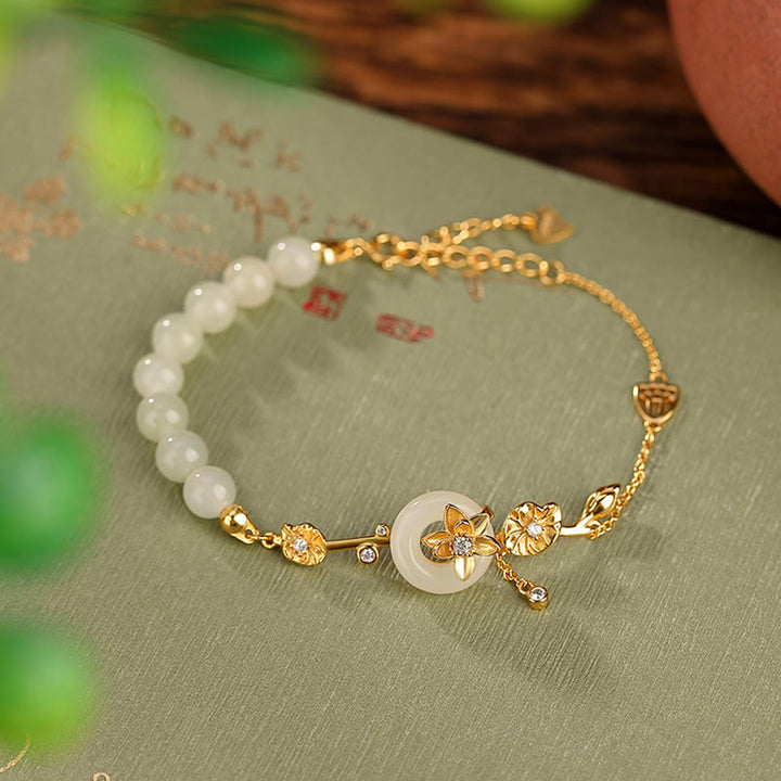 Pulsera de cadena de la suerte de loto con hebilla de la paz de jade hetiano de plata de ley 925 con Buddha Stones