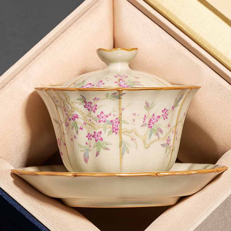 Buddha Stones, forma de flor de ciruelo Beige, rama de melocotón, taza de té de cerámica Gaiwan Sancai, taza de té de Kung Fu con tapa