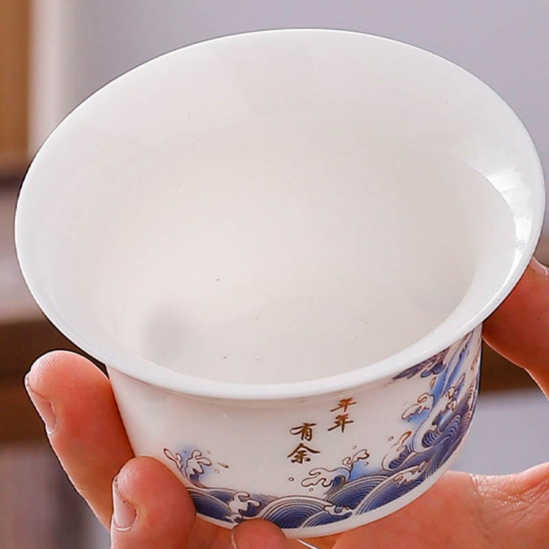 Taza de té y platillo con tapa, porcelana blanca, paisaje de montaña, campo, cerámica, Gaiwan, Kung Fu , Buddha Stones