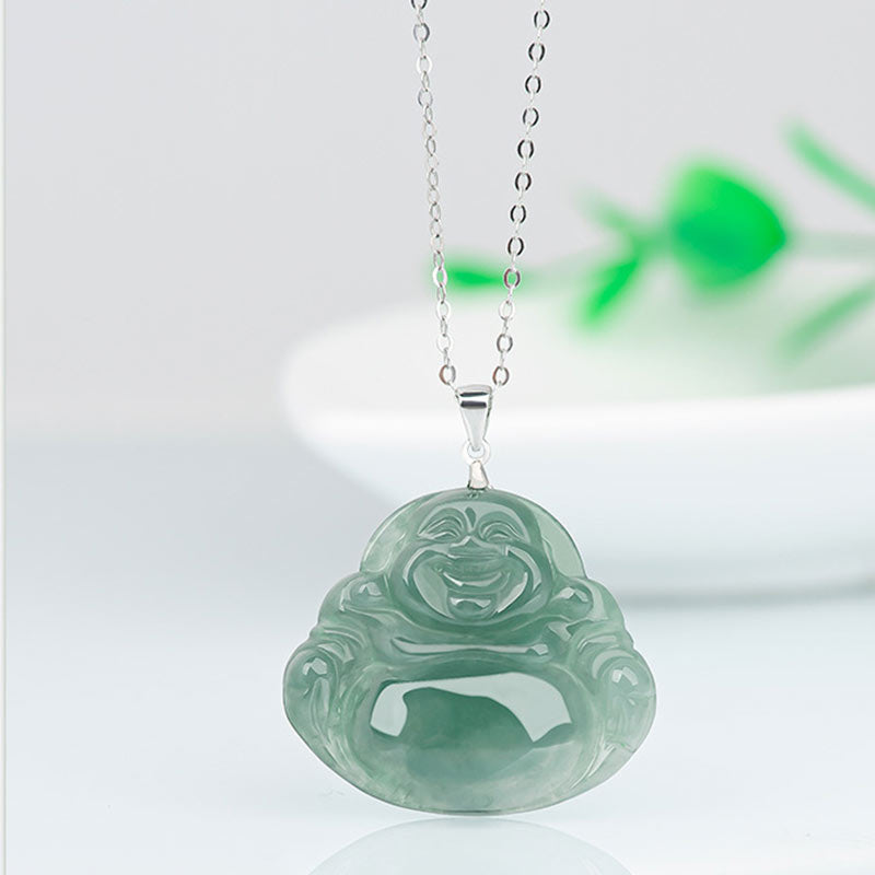 Buddha Stones de plata de ley 925 con colgante de cadena y collar de protección de jade de Buda sonriente - image 5