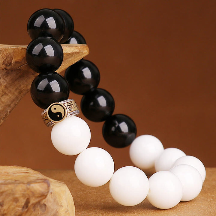Pulsera de fuerza Yin Yang de concha blanca de obsidiana negra de plata de ley 925 con Buddha Stones
