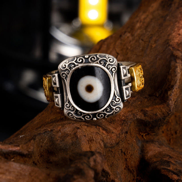 Anillo de protección de cuentas Dzi con diseño de diosa de la riqueza Zakiram de plata de ley 925 con Buddha Stones