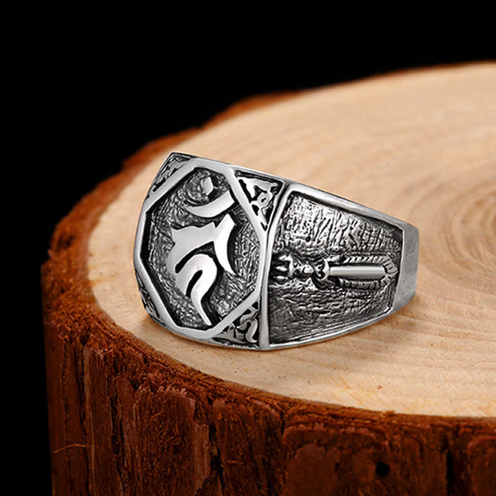 Anillo ajustable de protección tallada con diseño sánscrito de plata de ley 925 con Buddha Stones