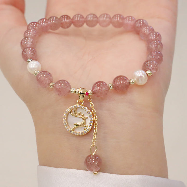 Pulsera curativa con dije de personaje Fu de cola de pez con cara sonriente de alce y perlas de cuarzo fresa con Buddha Stones