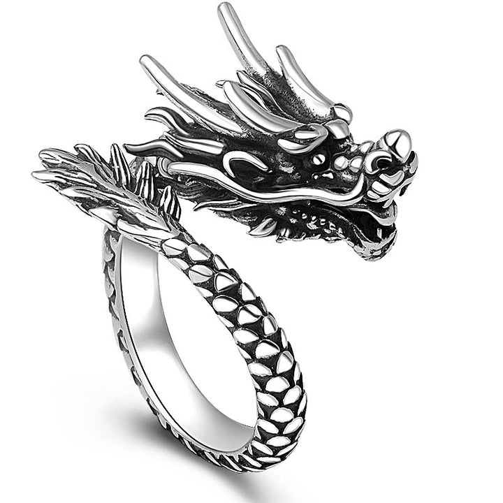 Anillo ajustable de plata de ley 990 con Buddha Stones , diseño de dragón vintage, protección de la suerte y fuerza