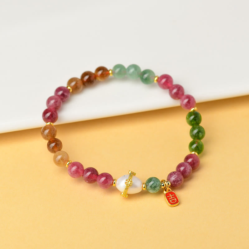 Pulsera de la sabiduría del encanto del carácter auspicioso de la perla de turmalina multicolor natural de las Buddha Stones