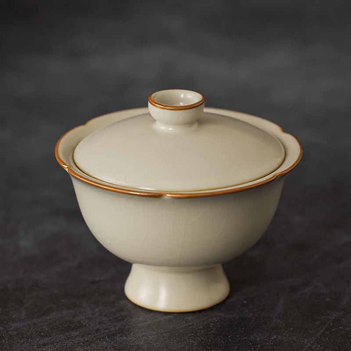Buddha Stones, forma de flor de ciruelo Beige, rama de melocotón, taza de té de cerámica Gaiwan Sancai, taza de té de Kung Fu con tapa