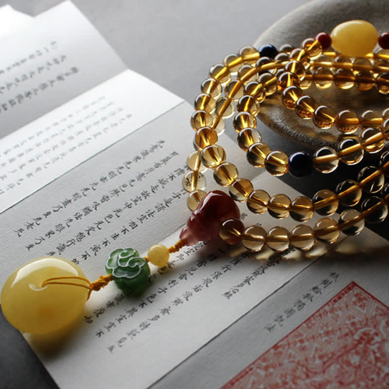 108 cuentas de Mala, citrino Natural, ámbar, hebilla de la paz, ágata roja, pulsera de protección PiXiu