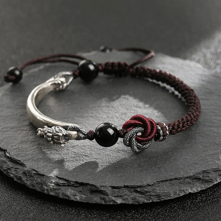 Pulsera trenzada hecha a mano con diseño de dragón auspicioso de plata de ley 925 con Buddha Stones