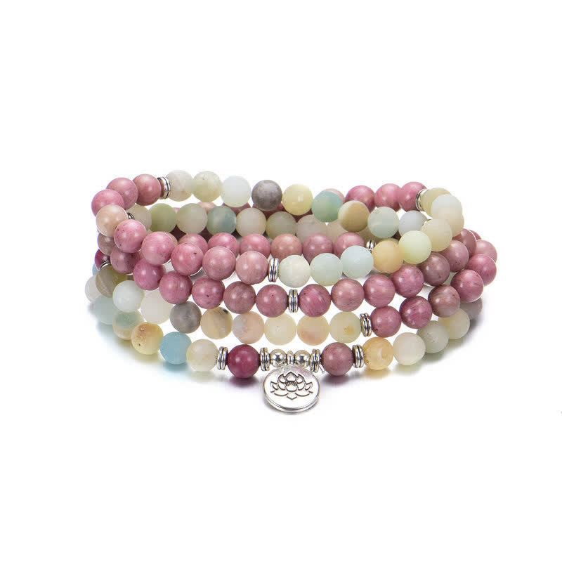 Pulsera de cuentas de oración con Buddha Stones , lazurita, lapislázuli, jaspe Picasso, amazonita, rodonita, apatita y loto positivo. - image 11