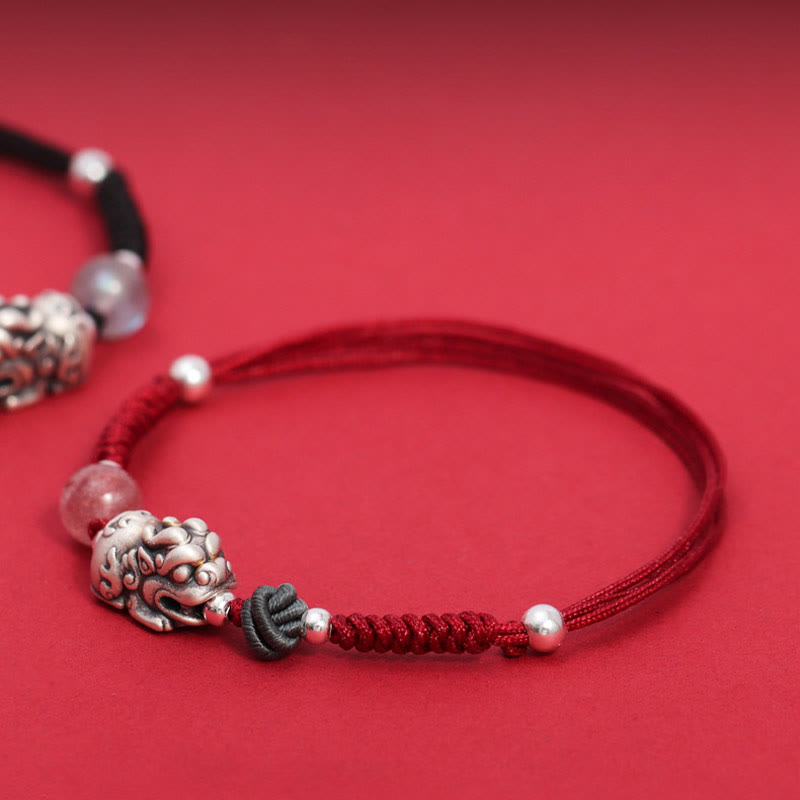 Pulsera trenzada de plata de ley 999 con Buddha Stones PiXiu, cuentas de cuarzo fresa, riqueza y suerte