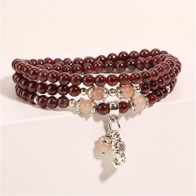 Pulsera de triple envoltura con Buddha Stones, granate natural, fresa, cuarzo, judías verdes, protección PiXiu