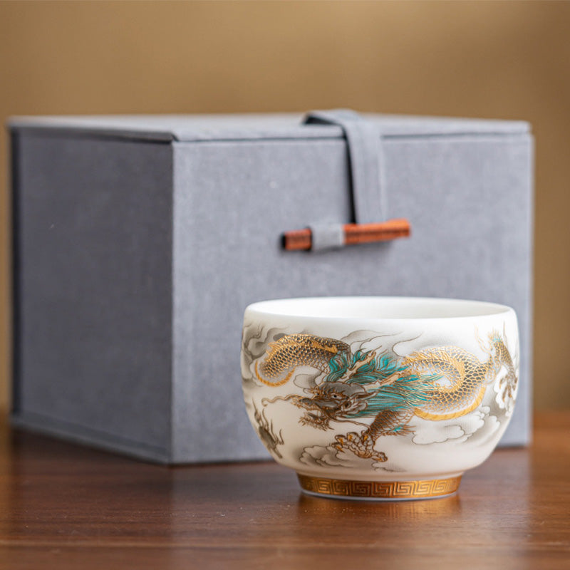 Taza de té de cerámica con caja de regalo, tazas de té de Kung Fu con Buddha Stones , dragón, Fénix, nubes propicias