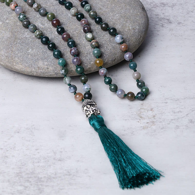 Pulsera de limpieza de cabeza de Buda de ágata india con 108 Buddha Stones