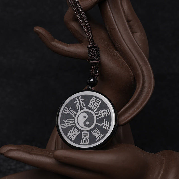 Buddha Stones, obsidiana negra, taoísmo, cinco montañas sagradas, Mantra de nueve caracteres tallado, purificación, colgante de collar Yin Yang