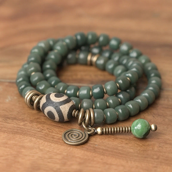 Pulsera triple de envoltura de paz de sabiduría de cuentas Dzi de semilla de Bodhi cian