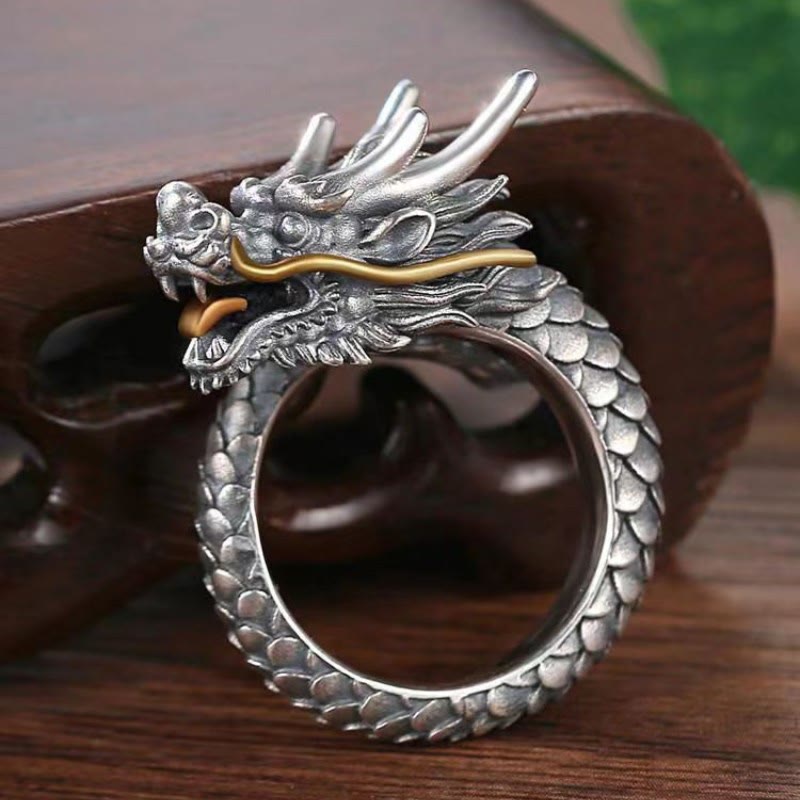 Anillo ajustable de fuerza de protección con diseño de dragón vintage de plata de ley 925 con Buddha Stones