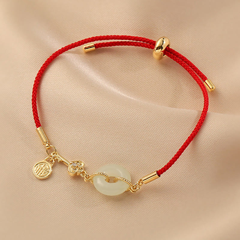 Pulsera de cuerda roja con hebilla de paz de jade hetiano chapado en oro de 18 quilates con Buddha Stones