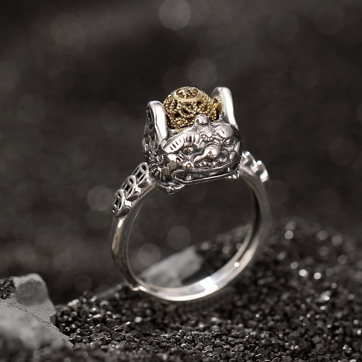 Anillo ajustable de plata de ley 925 con Buddha Stones PiXiu, moneda de cobre, riqueza
