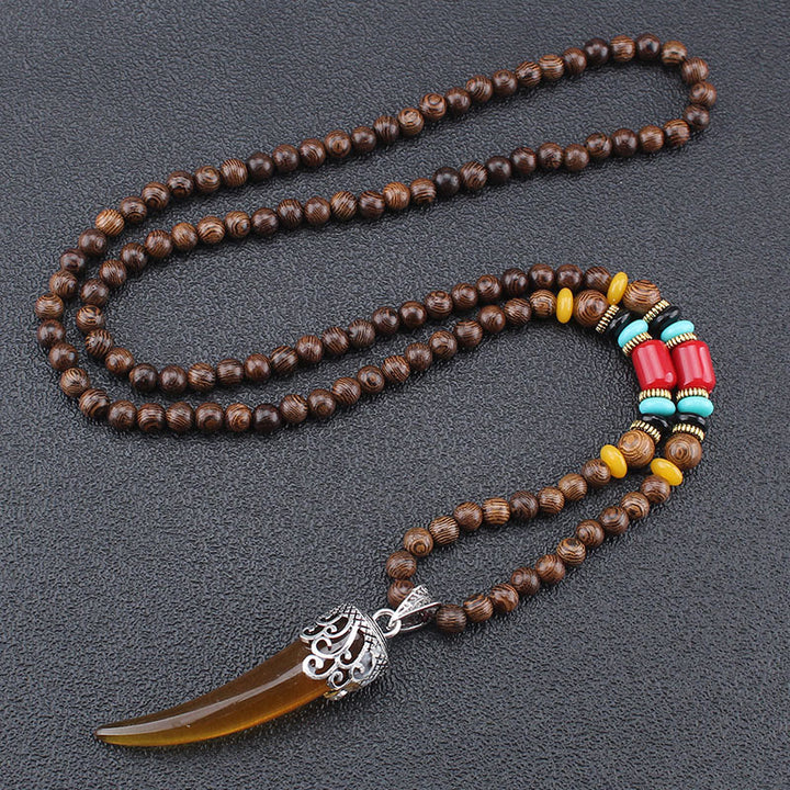 Colgante de collar de meditación de protección estilo cuerno de piedra turquesa de madera de wengué