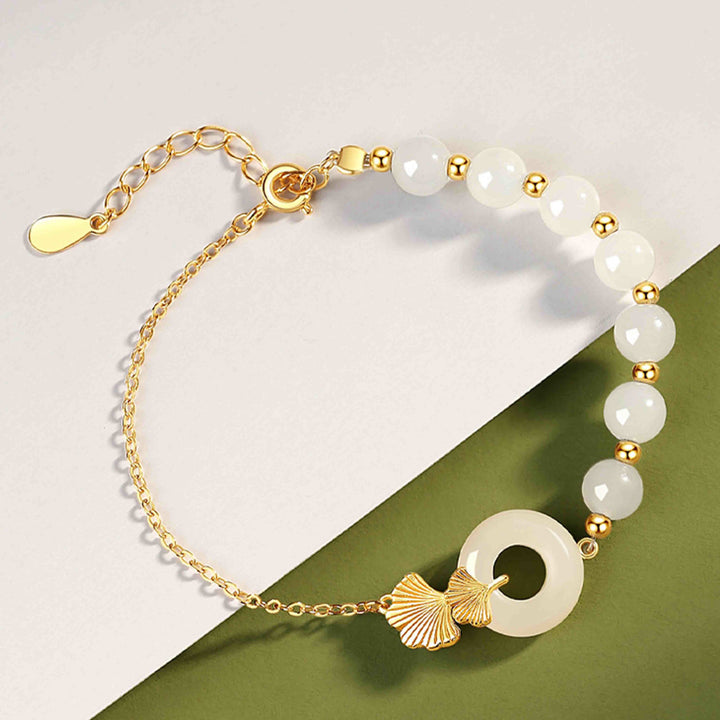 Pulsera de la suerte con Buddha Stones, plata de ley 925, jade blanco hetiano, hebilla de la paz, hoja de Ginkgo