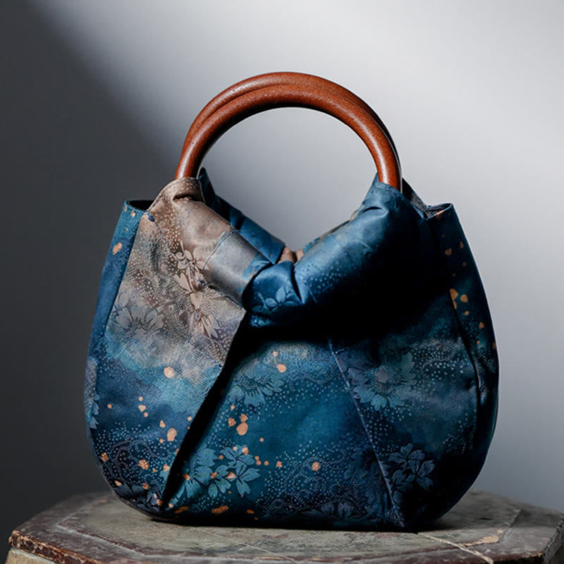 Bolso de mano con asa de madera azul con flor de jacquard hecho a mano con Buddha Stones