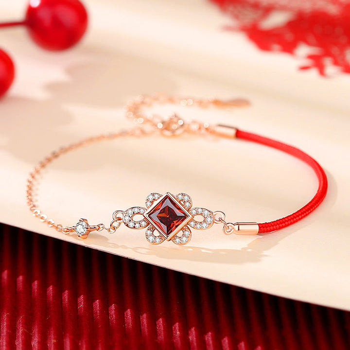 Juego de pendientes y pulsera con colgante de circonita roja, Plata de Ley 925 con Buddha Stones , anudado chino
