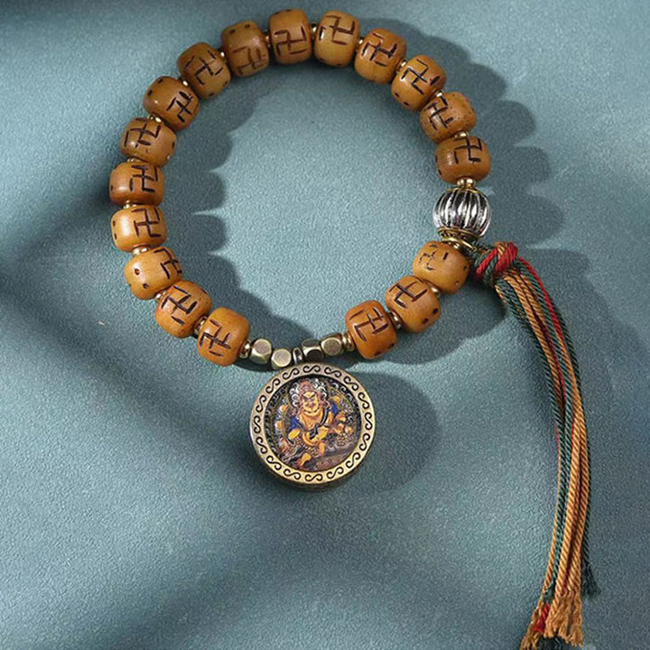 Buddha Stones, hueso de camello tibetano Natural, esvástica, cuentas Dzi, amuleto de Buda Shankha, Kirtimukha, pulsera con borla de protección de la suerte