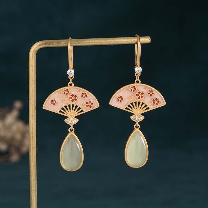 Pendientes colgantes de la suerte con diseño de abanico de aventurina verde natural con Buddha Stones