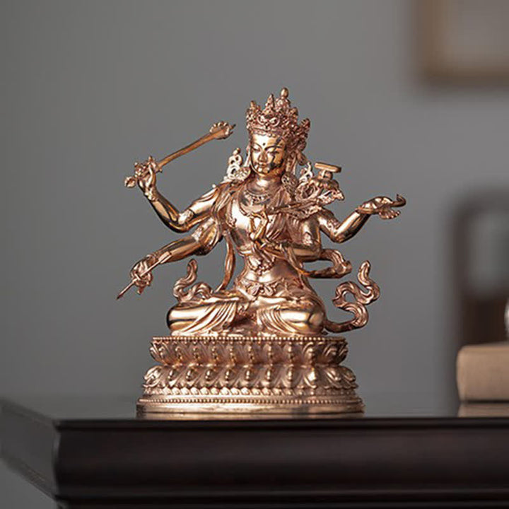 Estatuilla de Bodhisattva Manjusri de cuatro brazos, decoración de estatua de cobre de serenidad