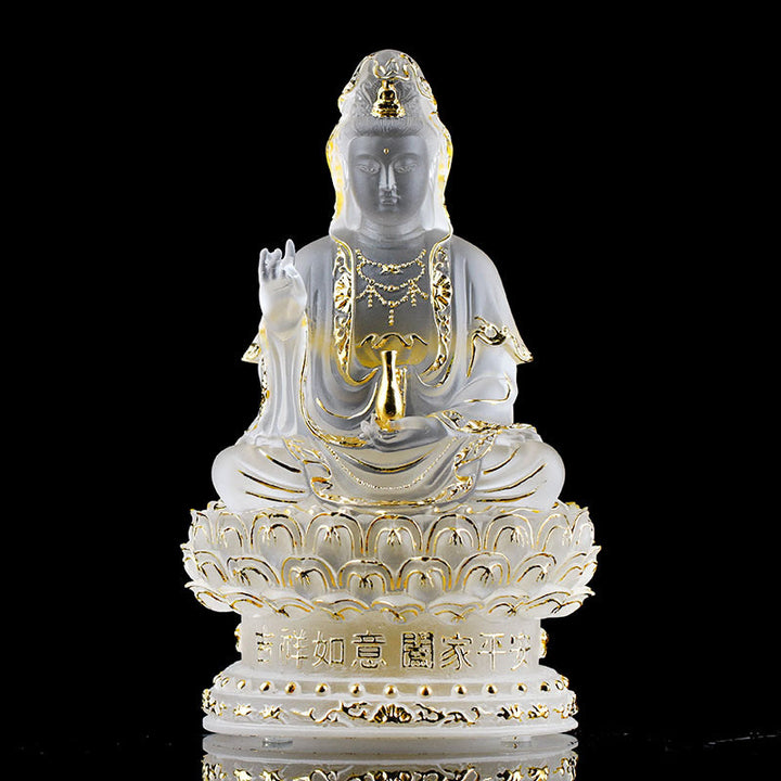 Buddha Stones Kwan Yin Avalokitesvara, estatuilla hecha a mano, pieza de arte de cristal Liuli, estatua de riqueza, decoración para el hogar - 18 cm Blanco y dorado - image 10