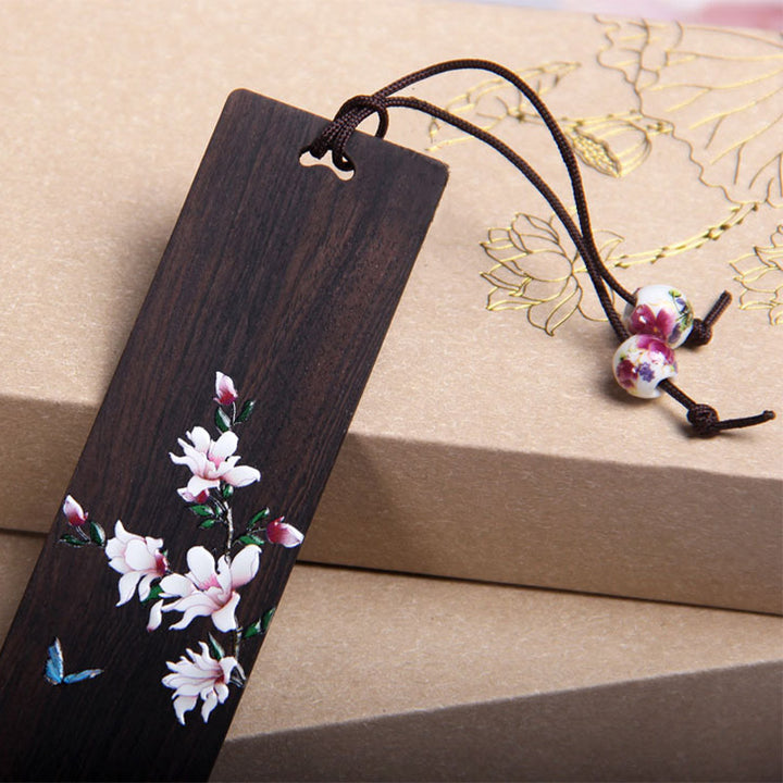 Marcadores de madera de ébano con flores de mariposa y Buddha Stones con caja de regalo