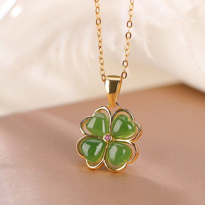 Buddha Stones de plata de ley 925, colgante de collar curativo con trébol de cuatro hojas de la suerte, Jade cian hetiano