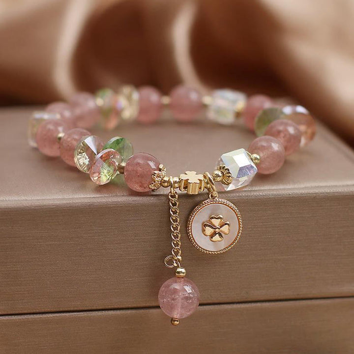 Pulsera con dijes curativos de trébol de cuatro hojas de la suerte, cuarzo fresa, Buddha Stones