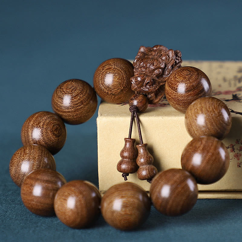 Pulsera de protección con Buddha Stones, palisandro, sándalo verde, hoja pequeña de sándalo rojo y dragón tallado