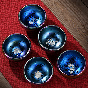Taza de té de cerámica con incrustaciones de Jianzhan chino, con forma de Buddha Stones , loto, fénix, pez koi, pavo real, cambio de horno, taza de té de kung fu
