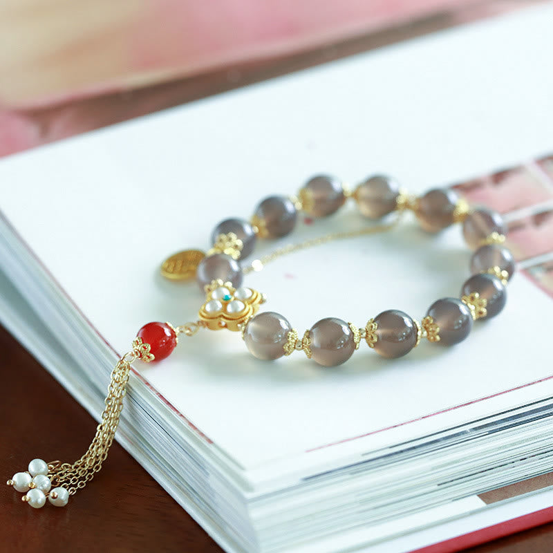 Pulsera de equilibrio con borlas y perlas de carácter Fu de ágata gris natural con Buddha Stones