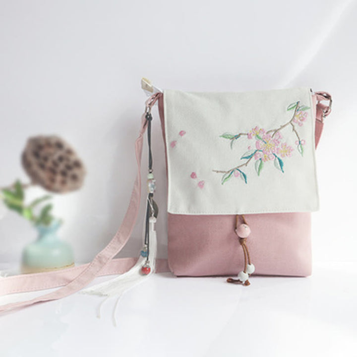 Bolso bandolera de lona con flores de ciruelo bordadas hechas a mano con Buddha Stones