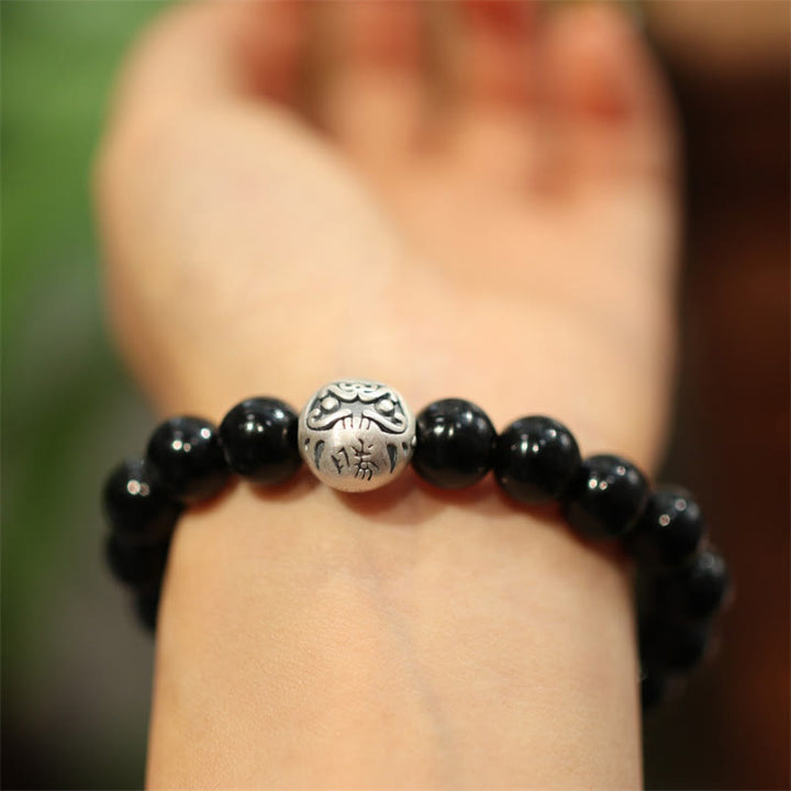 Pulsera de protección con grabado de personaje de cuentas de ónix negro de plata de ley 925 con Buddha Stones