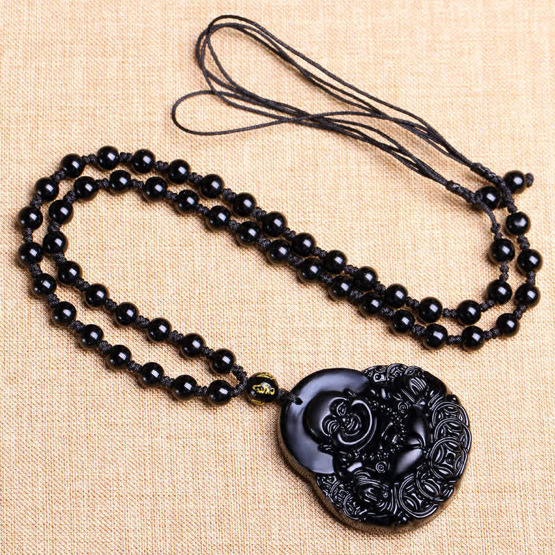 Collar con colgante de protección de fuerza de obsidiana negra de Buda sonriente con Buddha Stones - image 5