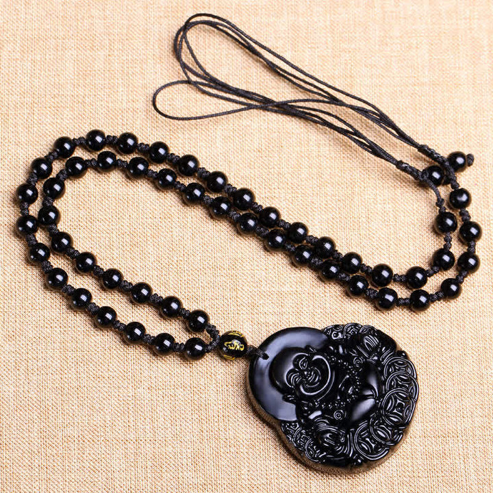Collar con colgante de protección de fuerza de obsidiana negra de Buda sonriente con Buddha Stones - image 5