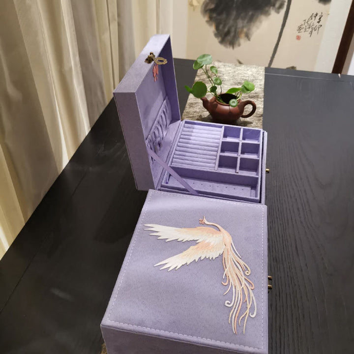 Caja organizadora de joyería de Fénix púrpura con Buddha Stones , caja de almacenamiento de joyería de dos capas, caja de franela
