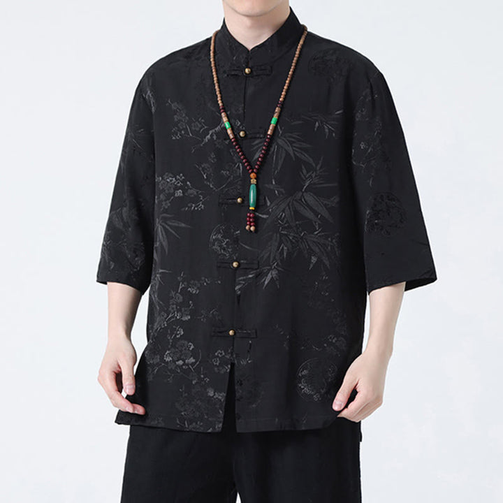 Camiseta china de media manga con botones de rana y hojas de bambú, flor de melocotón, Buddha Stones , camiseta para hombre