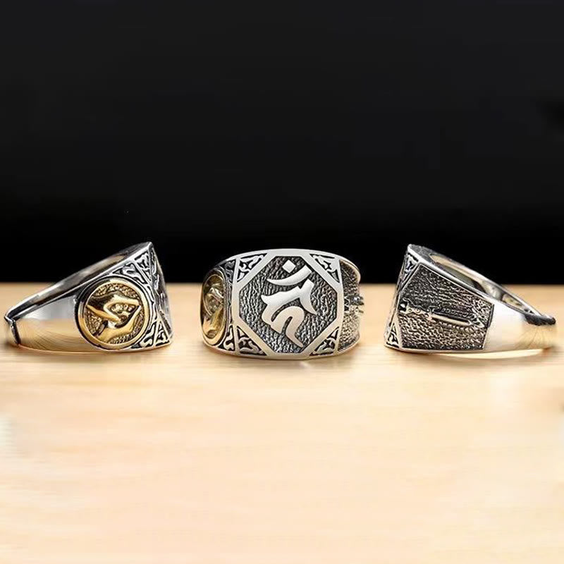 Anillo ajustable de protección tallada con diseño sánscrito de plata de ley 925 con Buddha Stones