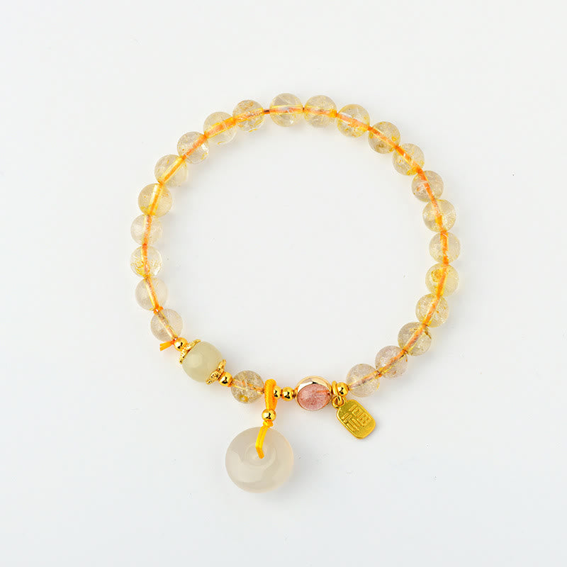 Pulsera de riqueza con dije de hebilla de paz con carácter Fu de Cuarzo rutilado dorado Natural con Buddha Stones