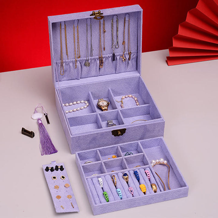 Caja organizadora de joyas de diseño Simple con Buddha Stones, caja de almacenamiento de joyas de dos capas, caja de franela con cerradura - image 23