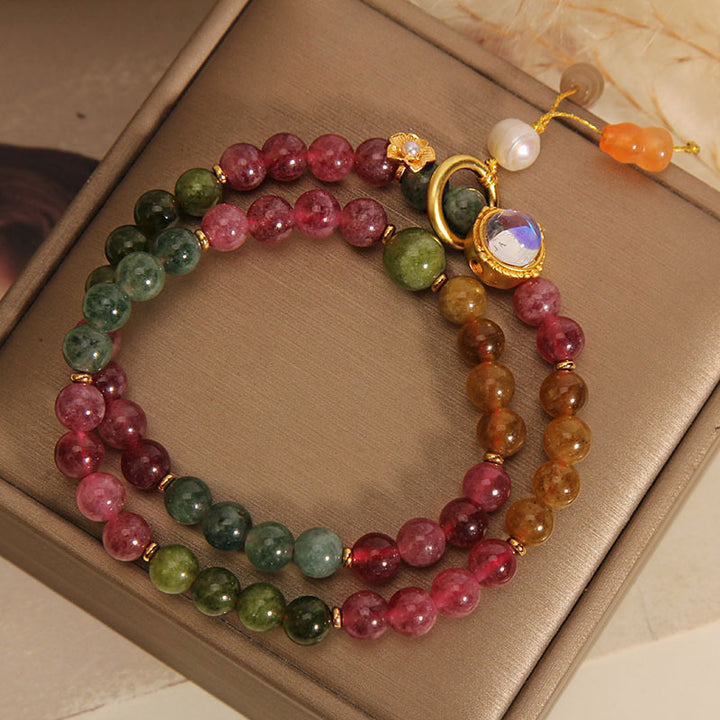 Pulsera con dije de calabaza de doble vuelta positiva con turmalina multicolor y Buddha Stones